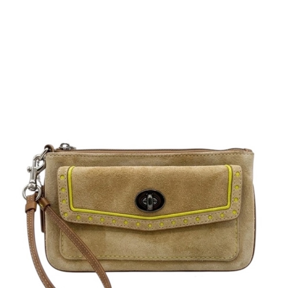 Coach Vintage Suede Wristlet in Beige with Yellow Trim